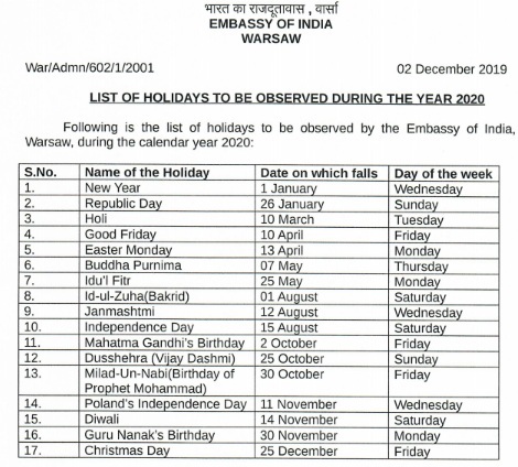 Embassy Of India, Warsaw, Poland and Lithuania : List of Holidays 2020